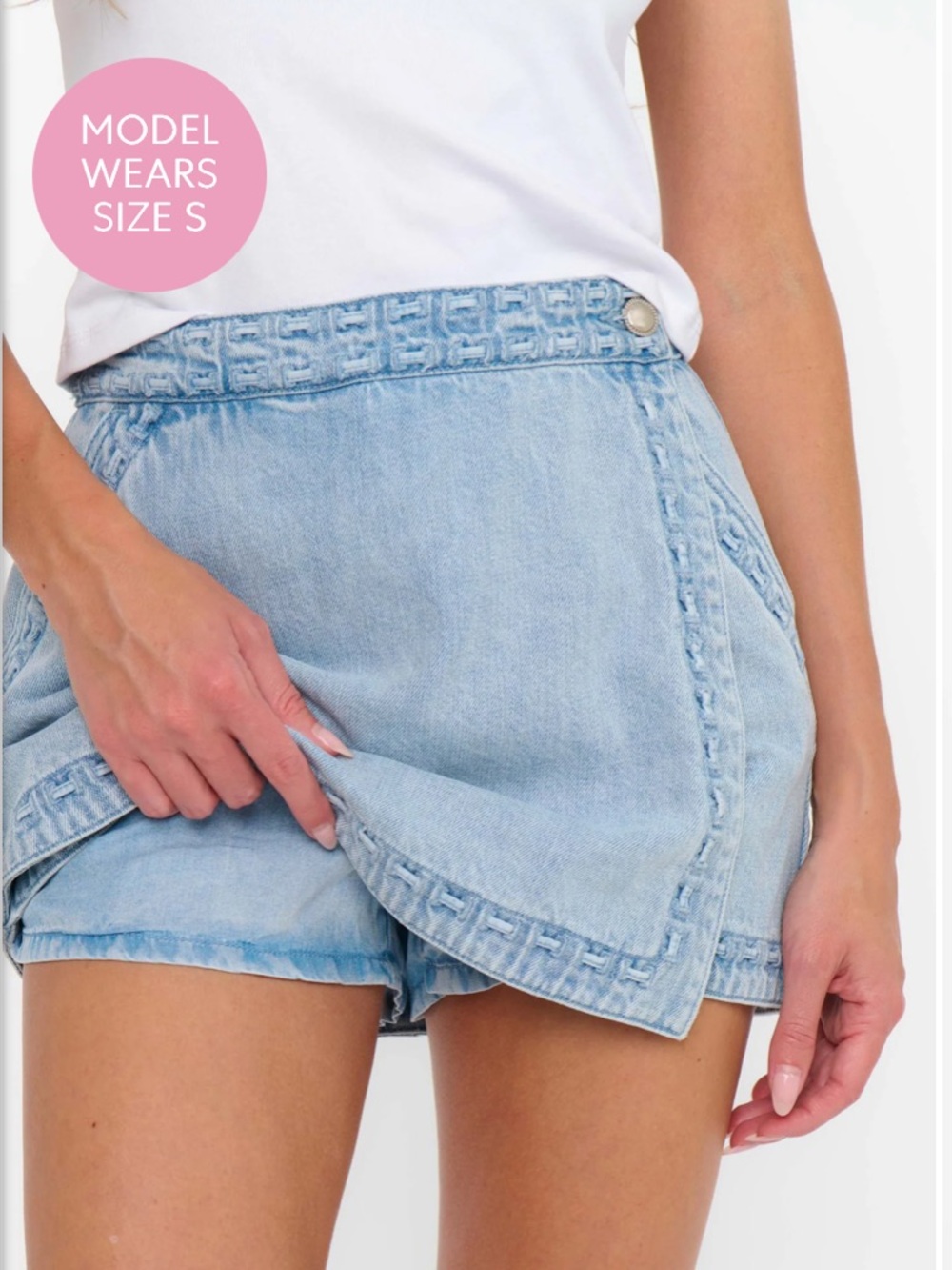 Show Me Your Mumu Light Blue Denim Wrap Mini Skort - Picture 3 of 4